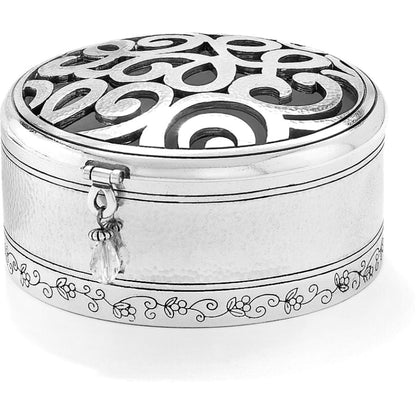 Brighton hinged keepsake box with hammered silver-tone finish, scrollwork lid, floral engraved band, and crystal drop on a white background