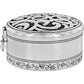 Brighton keepsake box with hammered silver-tone finish, scrollwork cutout lid, and floral engraved border on a white background
