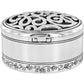 Brighton round hinged trinket box with openwork scroll lid, hammered finish, and floral engraved band on a white background