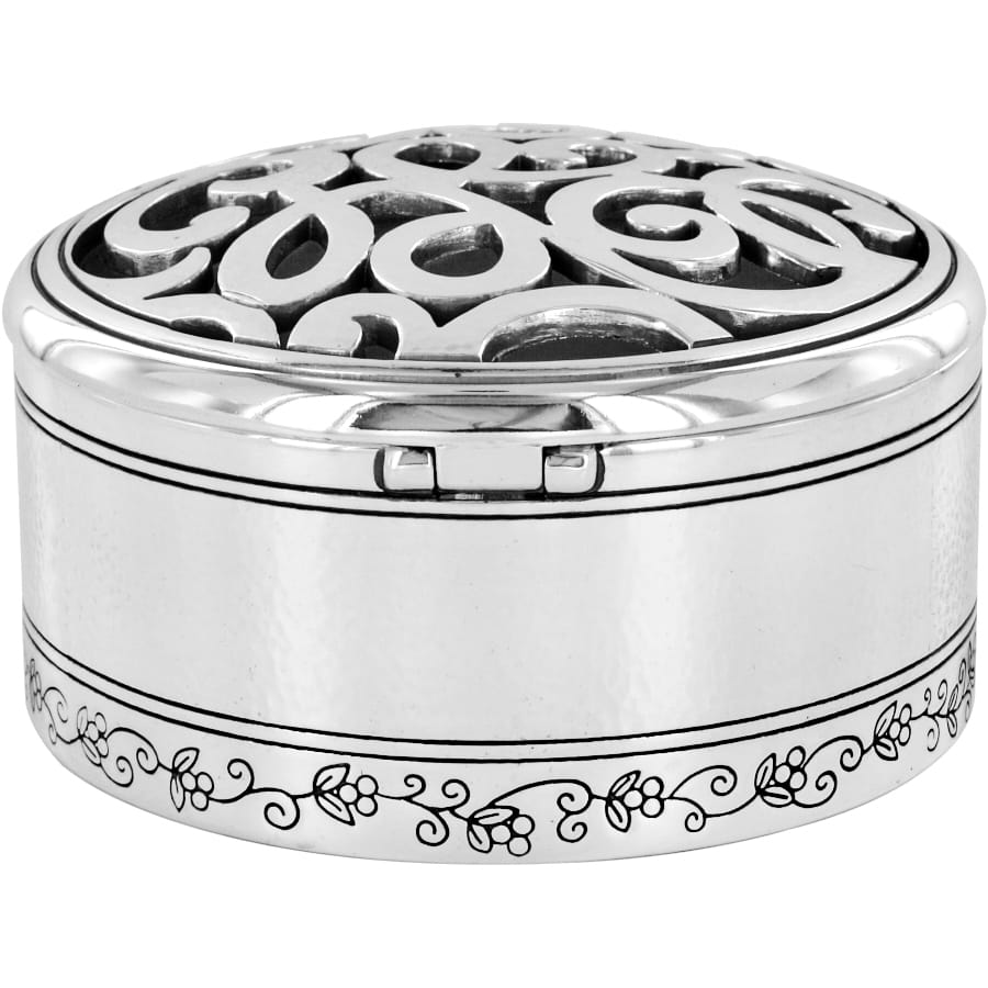 Brighton round hinged trinket box with openwork scroll lid, hammered finish, and floral engraved band on a white background