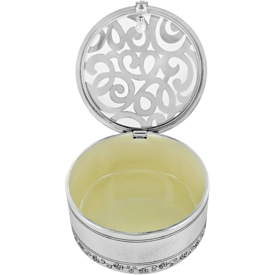 Brighton round trinket box shown open with filigree scrollwork lid and hammered silver-tone base on a white background