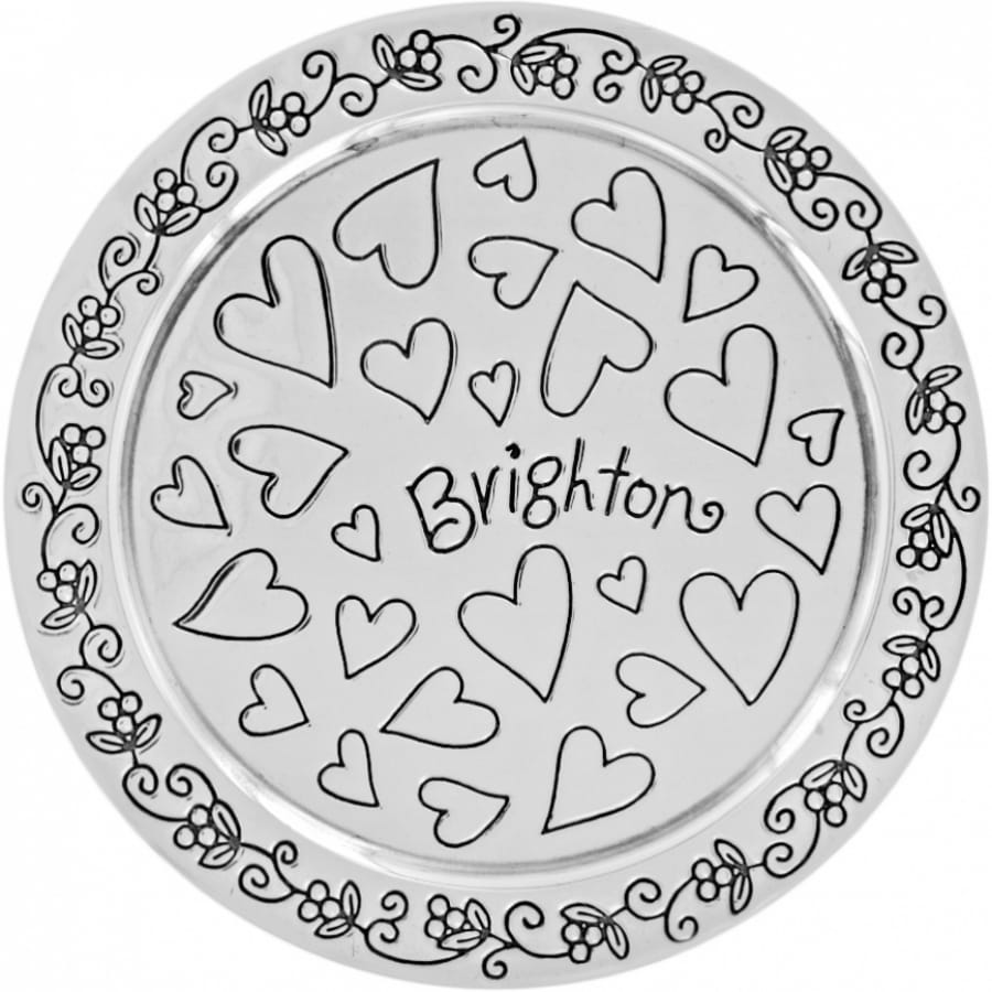 Brighton round trinket tray with embossed heart pattern, floral vine border, and hammered silver-tone finish on a white background