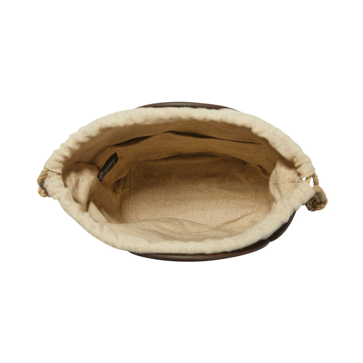 Close-up of Brighton handbag interior view showing cream drawstring lining, tan fabric pocket, and branded label