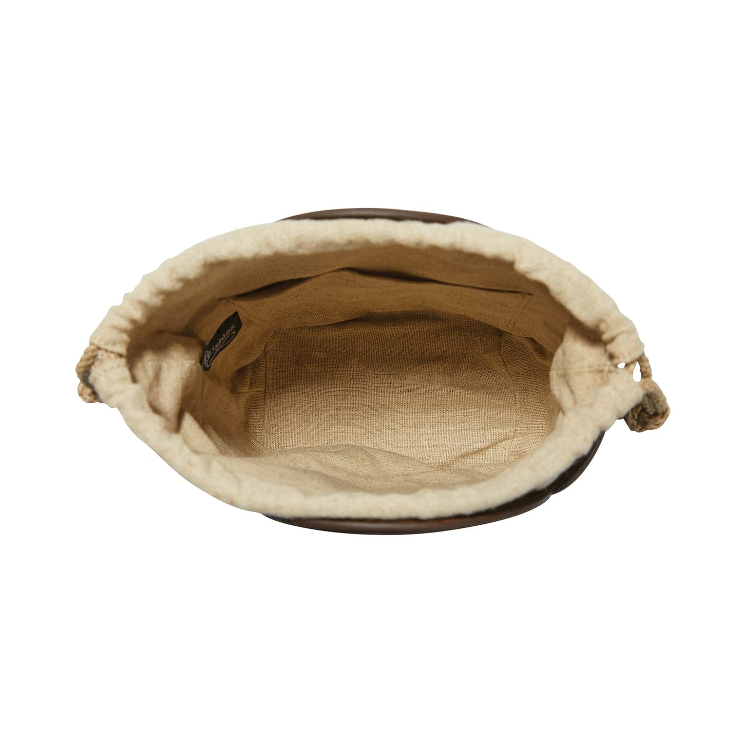Close-up of Brighton handbag interior view showing cream drawstring lining, tan fabric pocket, and branded label