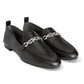 Brighton black leather loafers with silver-tone chain link hardware and whipstitch detailing on a white background
