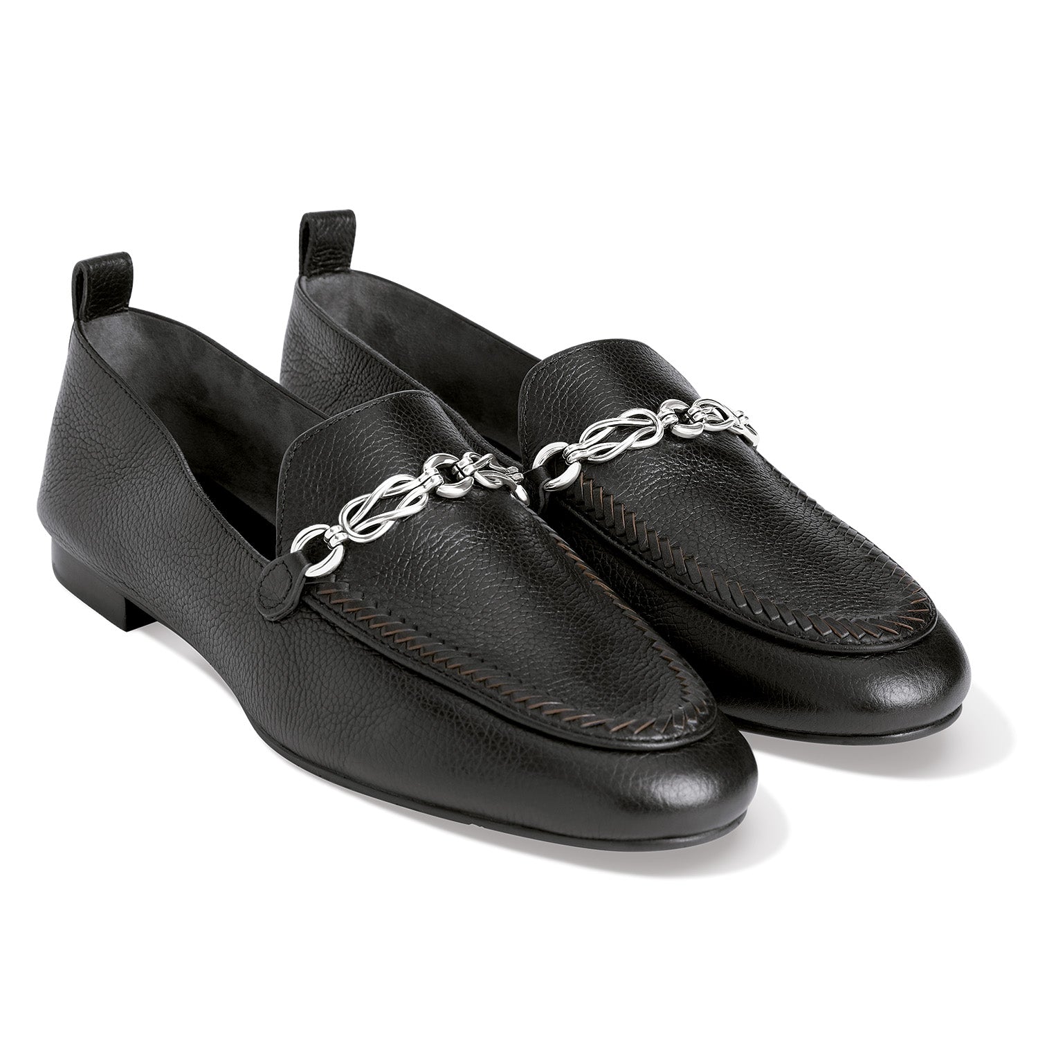 Brighton black leather loafers with silver-tone chain link hardware and whipstitch detailing on a white background