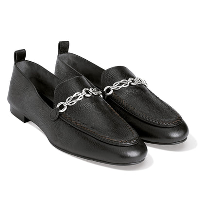 Brighton black leather loafers with silver-tone chain link hardware and whipstitch detailing on a white background