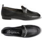 Brighton black leather loafers with silver-tone chain link accent and woven stitching detail, shown from side and top on a white background