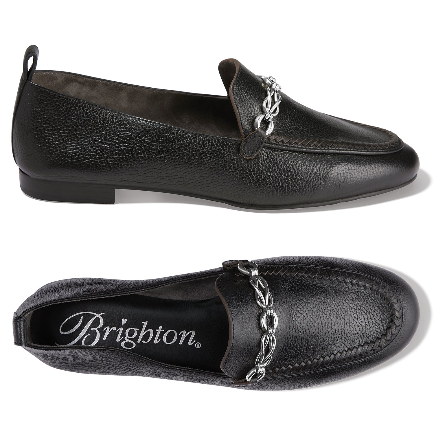 Brighton black leather loafers with silver-tone chain link accent and woven stitching detail, shown from side and top on a white background