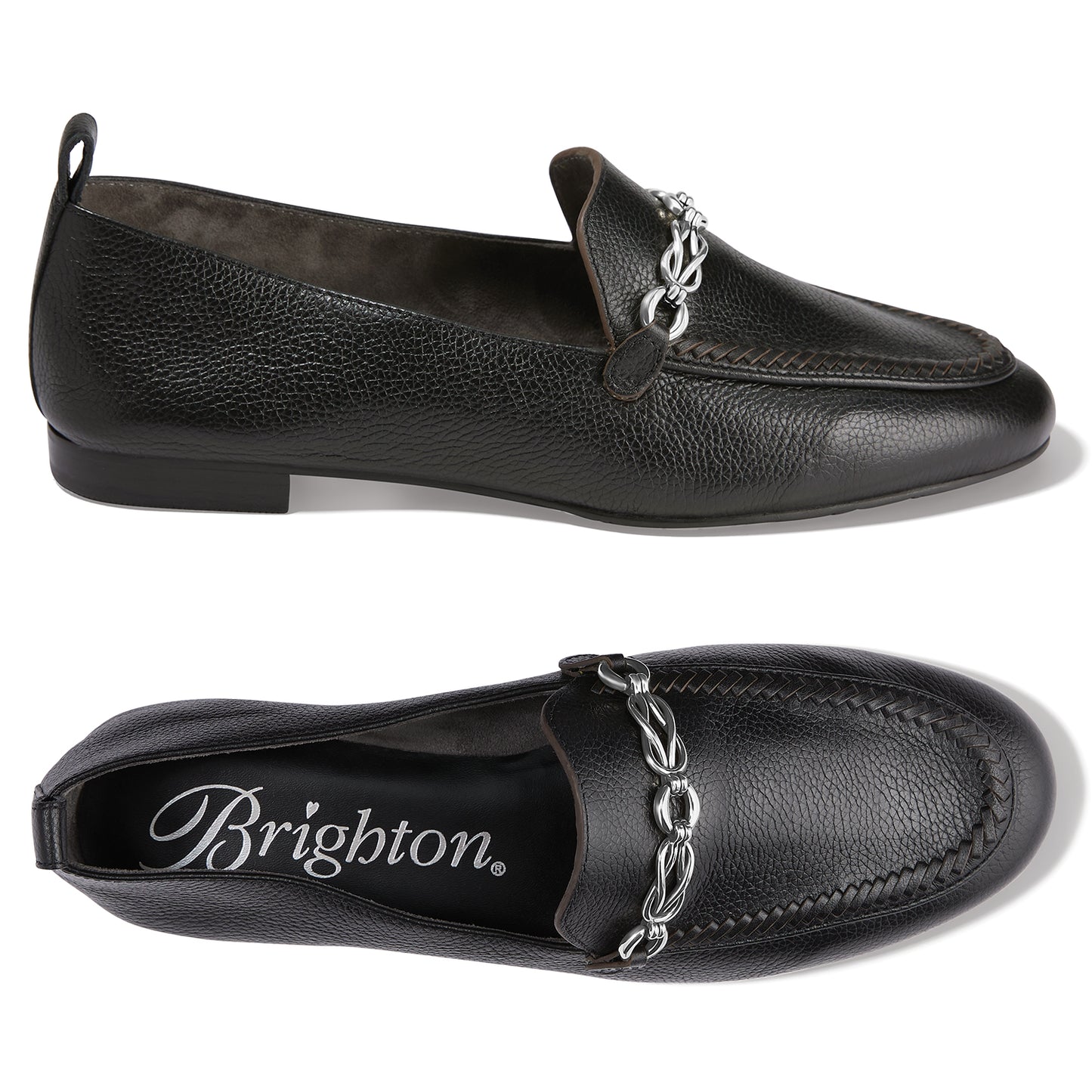 Brighton black leather loafers with silver-tone chain link accent and woven stitching detail, shown from side and top on a white background