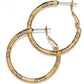 Brighton hoop earrings in gold-plated finish with engraved scroll detailing and post backs on a white background