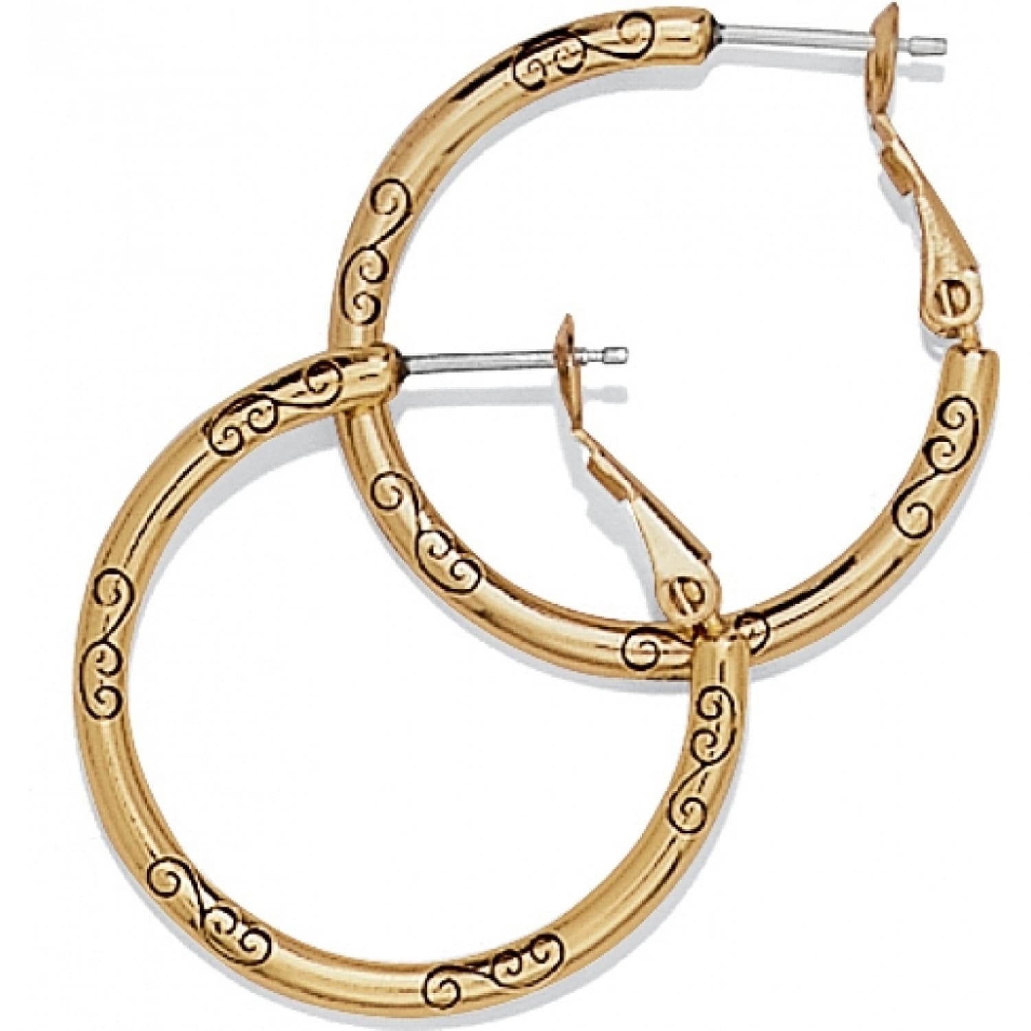 Brighton hoop earrings in gold-plated finish with engraved scroll detailing and post backs on a white background