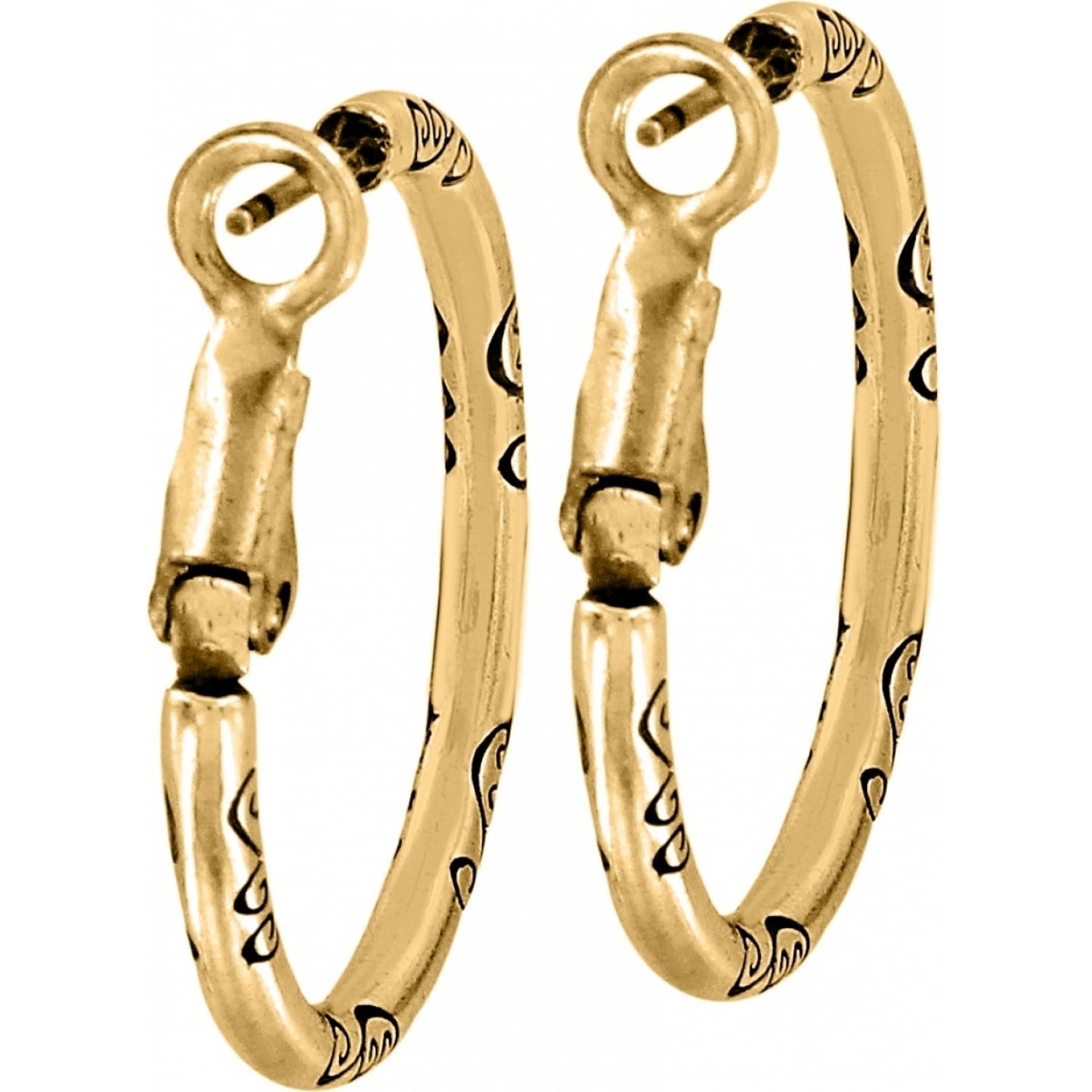 Brighton hoop earrings in gold-plated finish with engraved scroll and dot detailing along the hoops on a white background