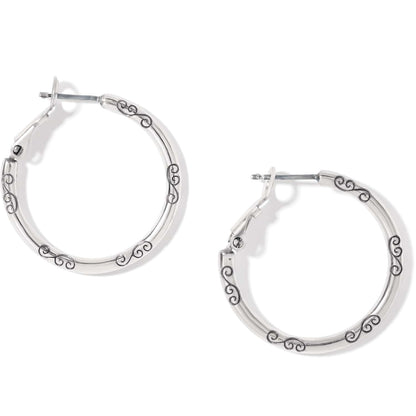 Brighton hoop earrings in silver-tone finish with engraved scroll detailing along the bands on a white background