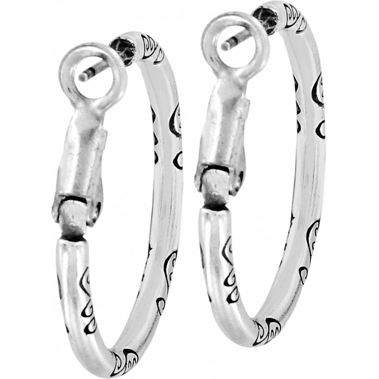 Brighton hoop earrings with silver-plated finish and engraved scroll detailing along the curved bands on a white background