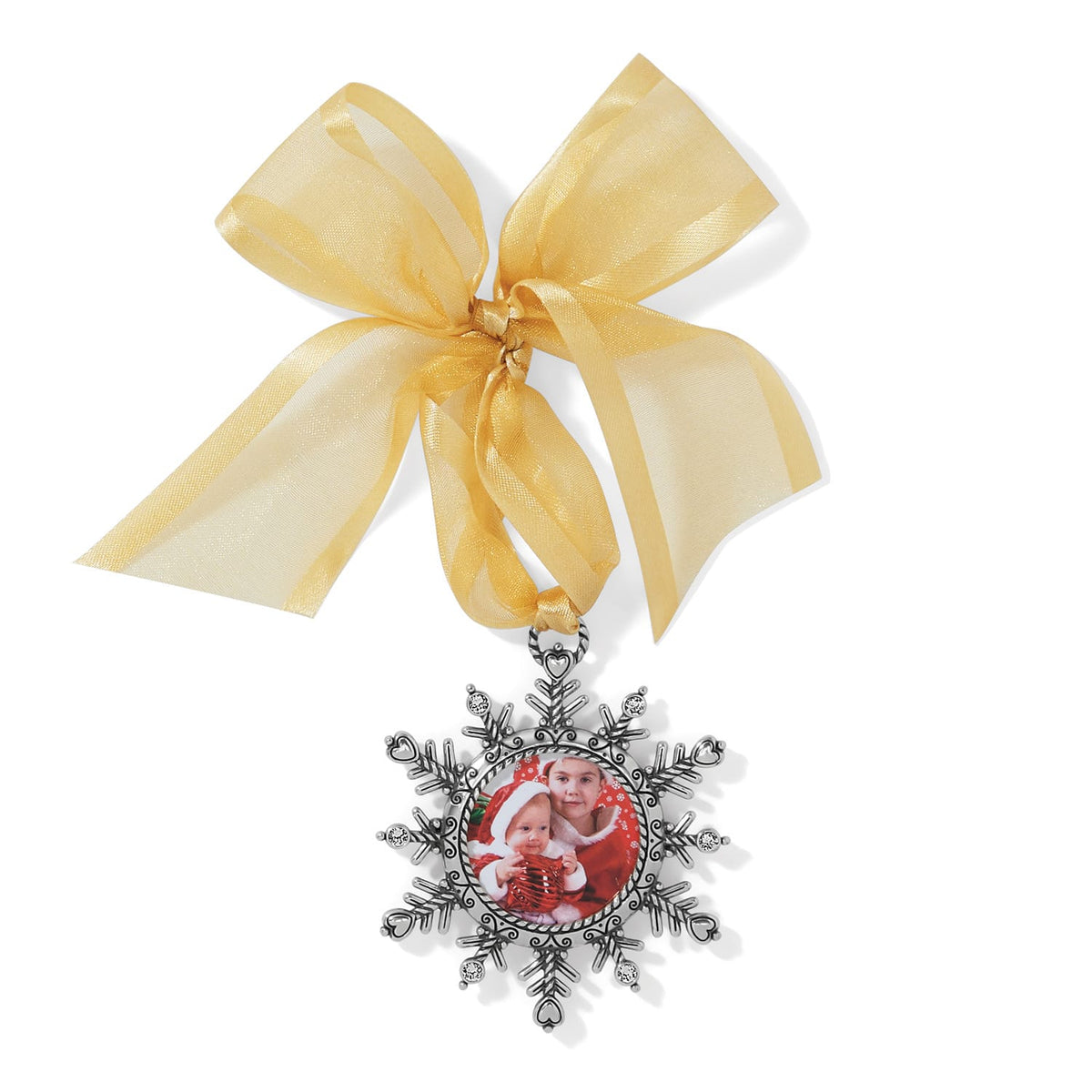 Brighton silver-plated snowflake photo ornament with crystal accents and gold organza bow on a white background