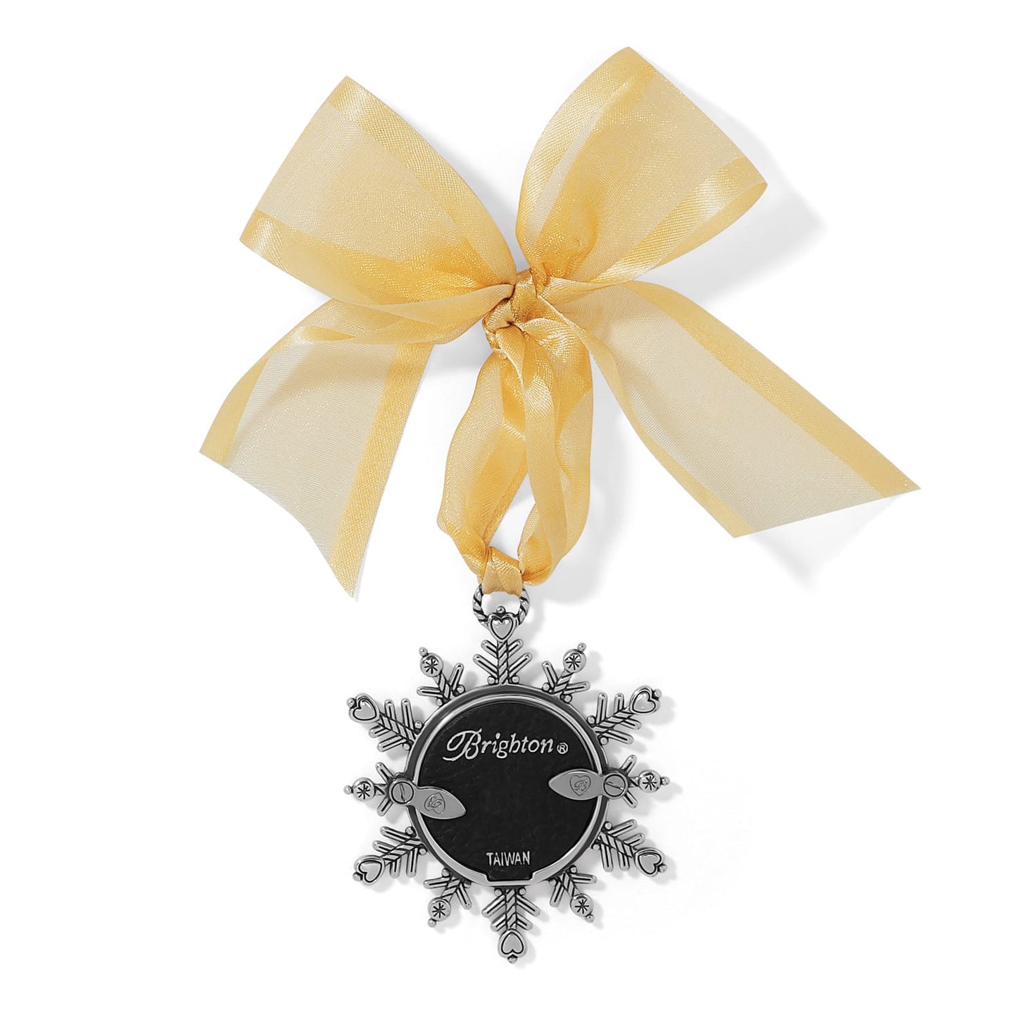 Brighton snowflake ornament shown from the back with silver-plated finish and gold sheer ribbon bow on a white background