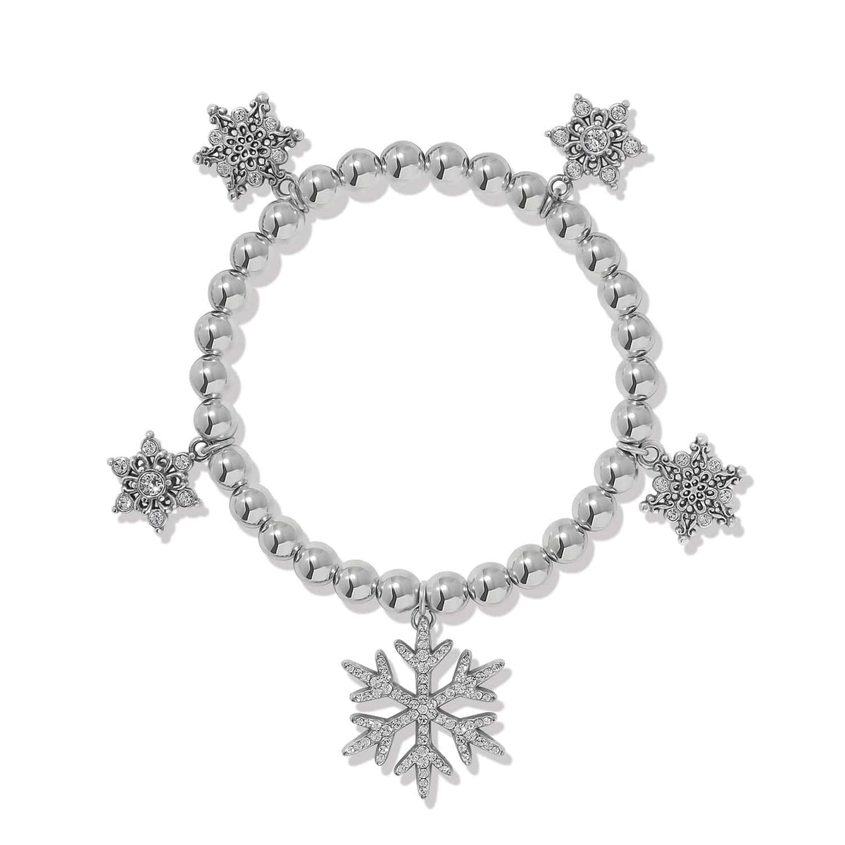 Brighton silver-plated beaded charm bracelet with five crystal snowflake charms in varying sizes on a white background