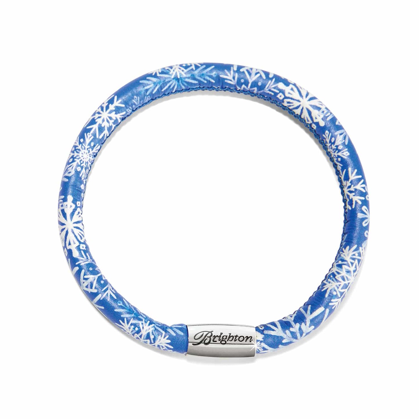 Brighton leather bracelet with blue and white snowflake print and silver-plated magnetic clasp on a white background