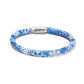 Brighton leather bracelet with blue and white snowflake print and silver-plated magnetic clasp on a white background