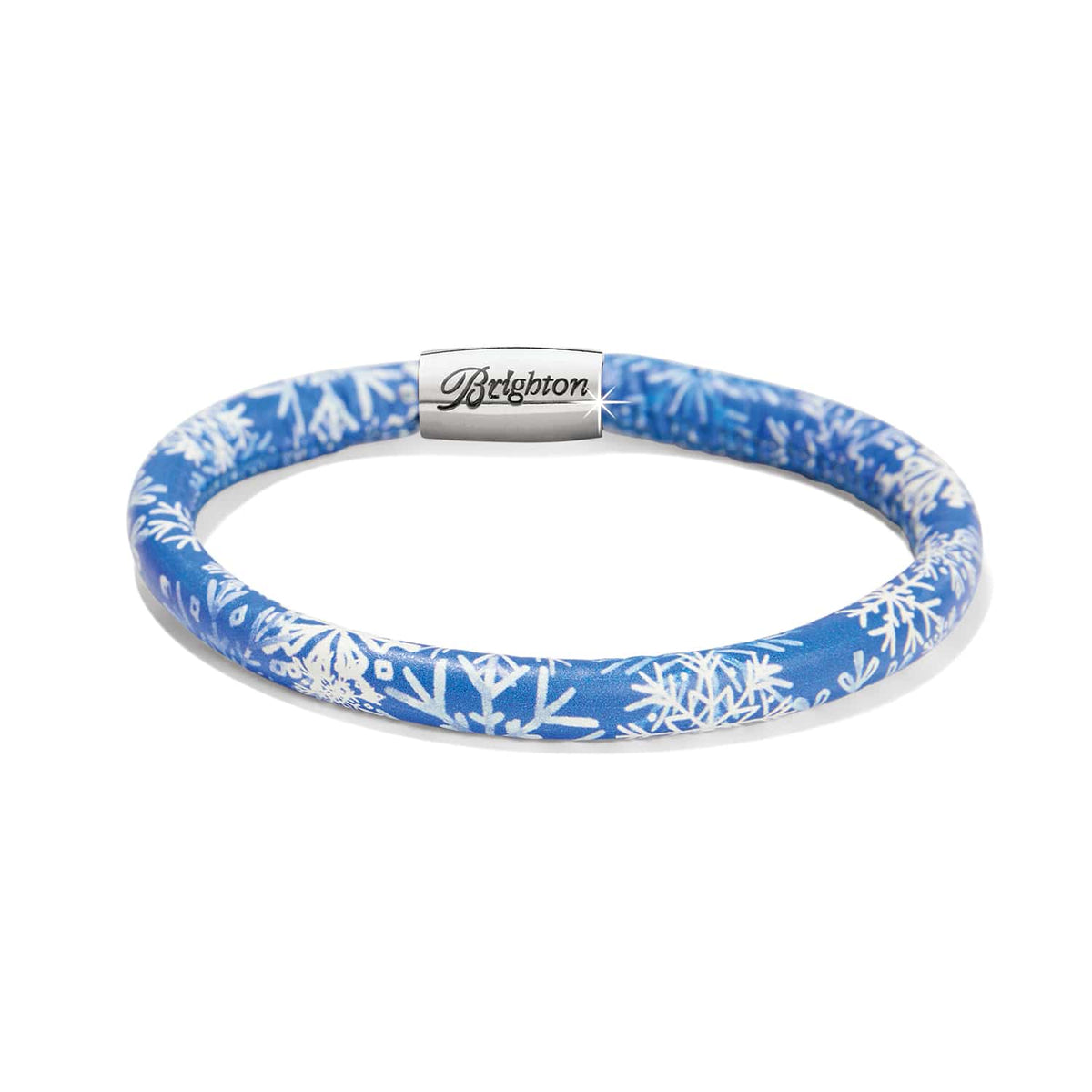 Brighton leather bracelet with blue and white snowflake print and silver-plated magnetic clasp on a white background