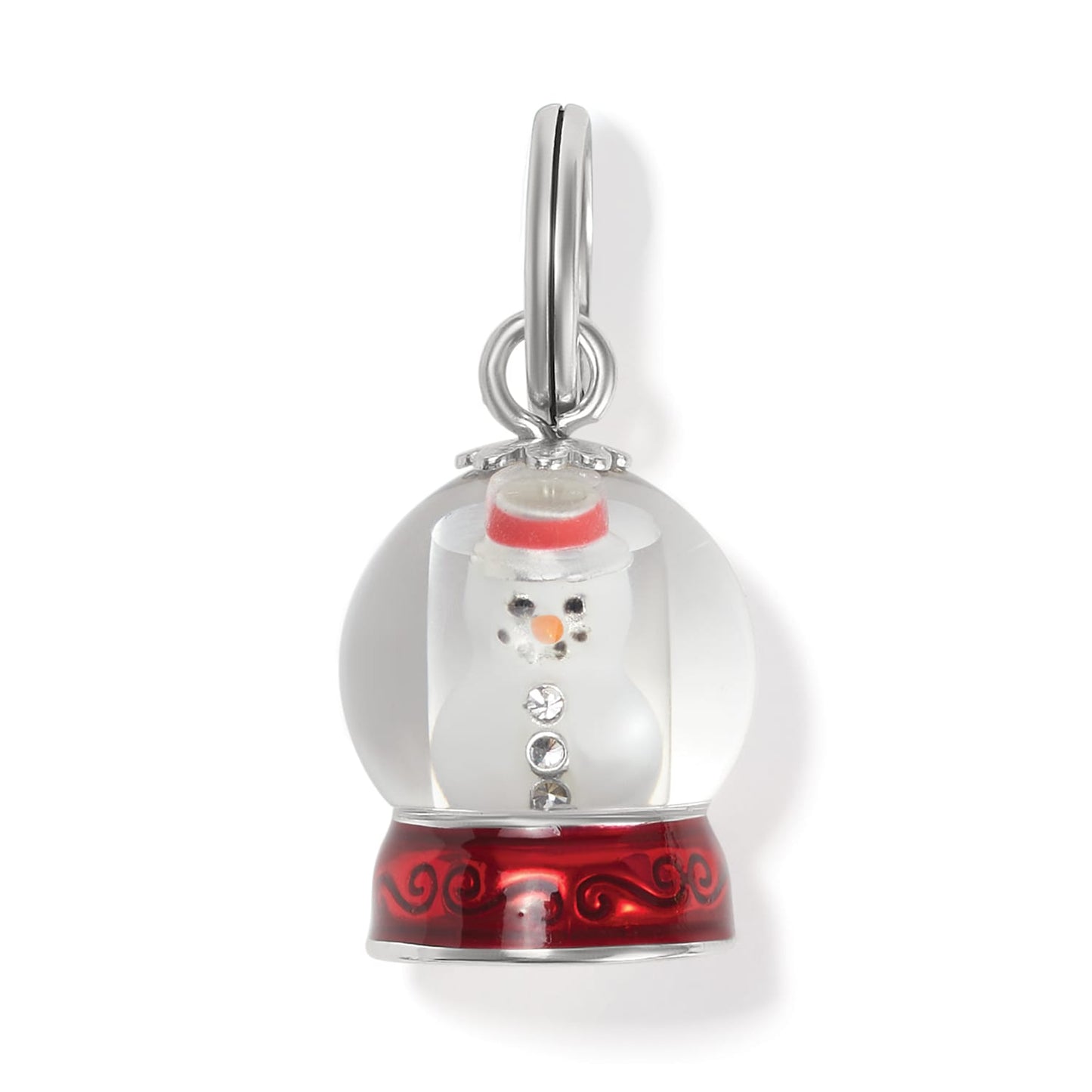 Brighton snow globe charm with silver-plated snowman, crystal buttons, and red enamel base on a white background