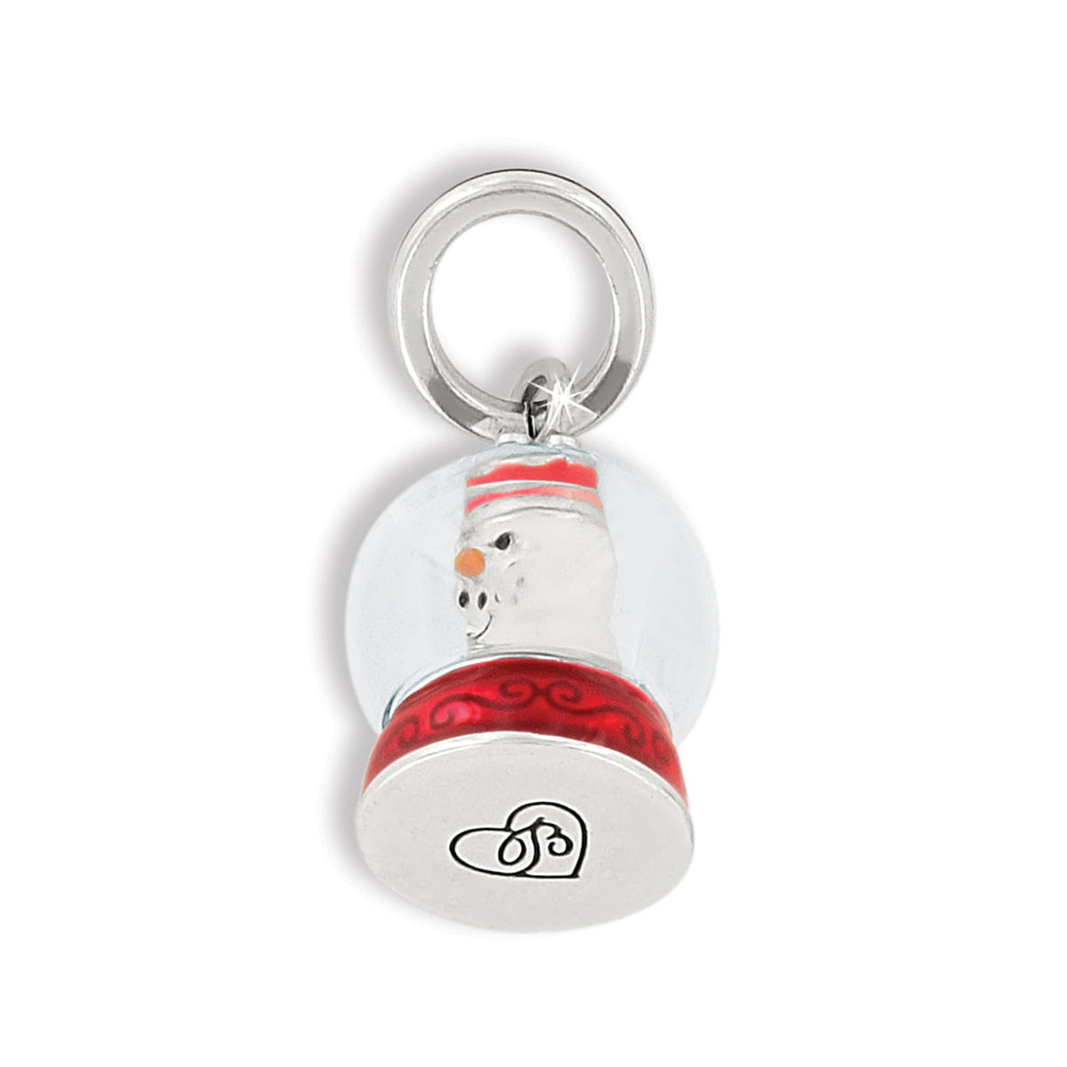 Brighton snowman snow globe charm with silver-plated finish and red enamel base on a white background