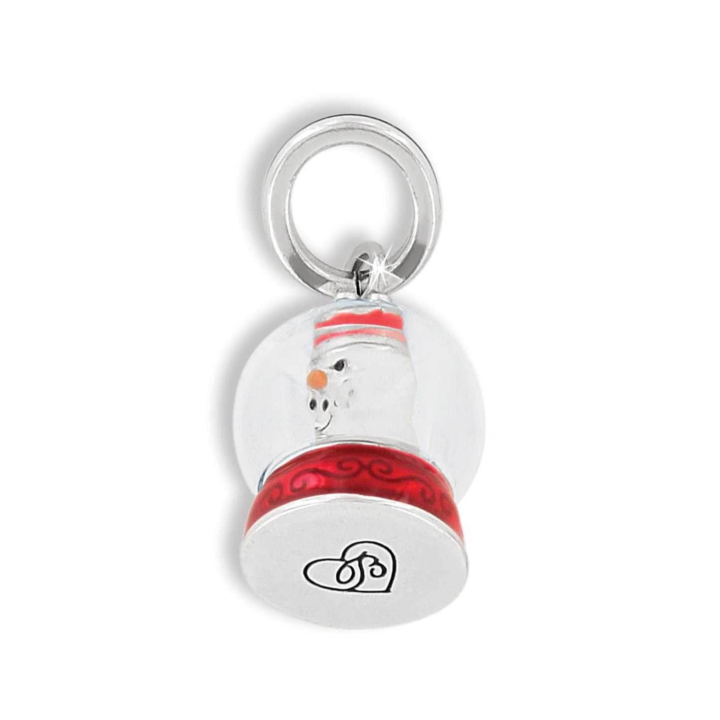 Brighton snowman snow globe charm with silver-plated finish and red enamel base on a white background