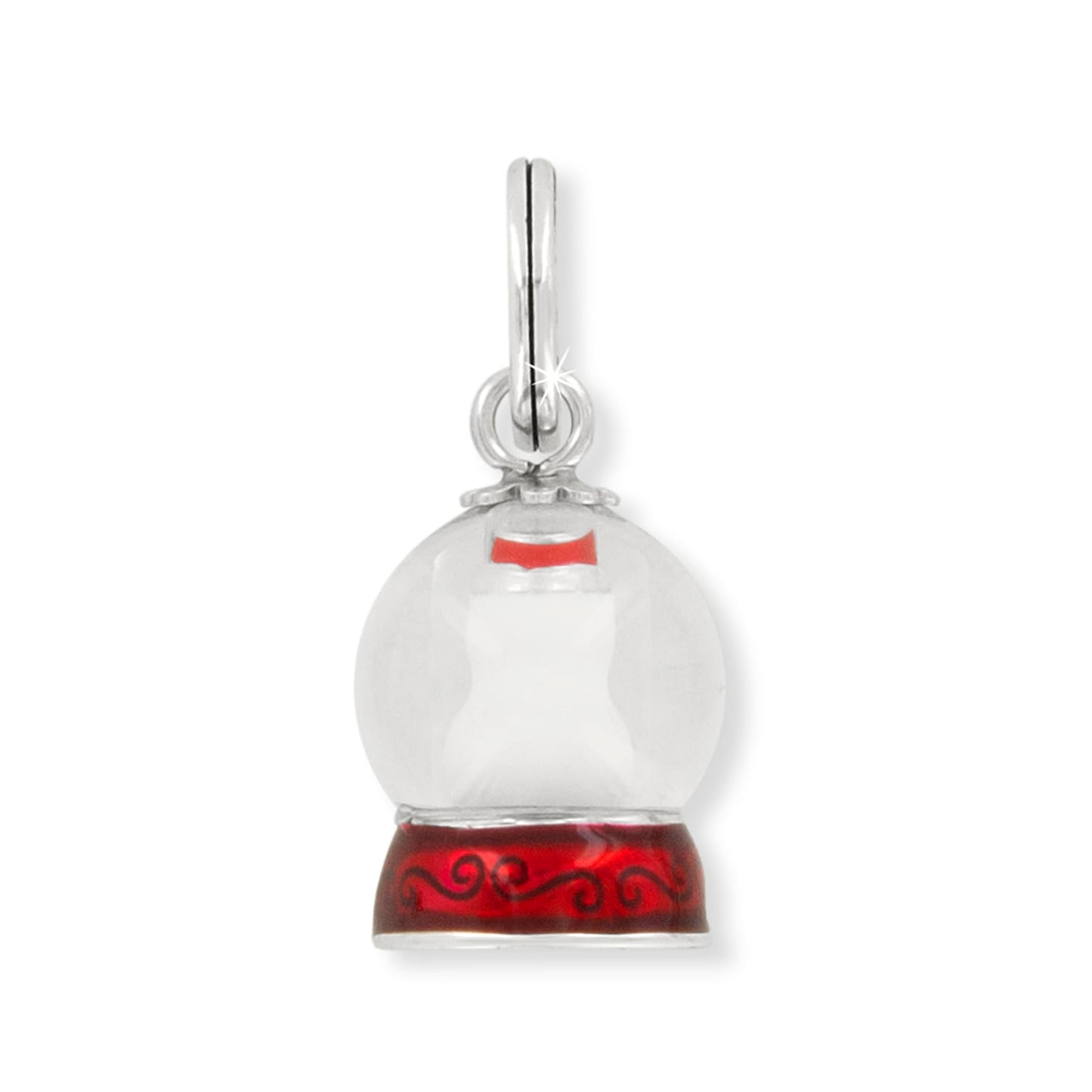 Brighton snow globe charm with silver-plated top, white interior figure, and red enamel scrollwork base on a white background