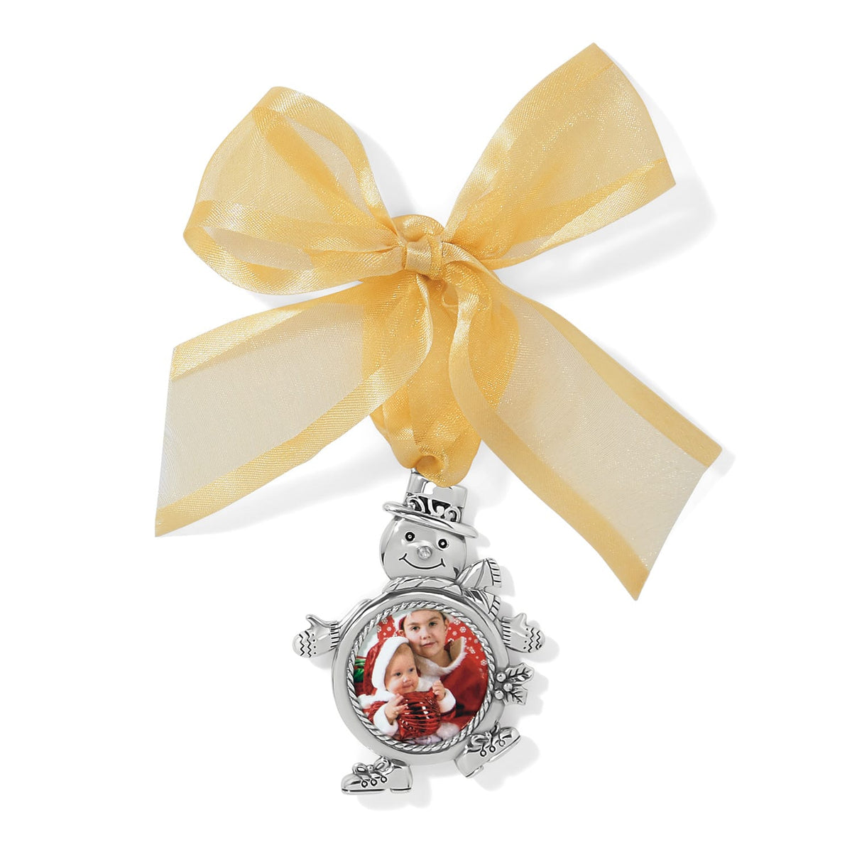 Brighton silver-plated snowman photo ornament with top hat, ice skates, and gold organza bow on a white background