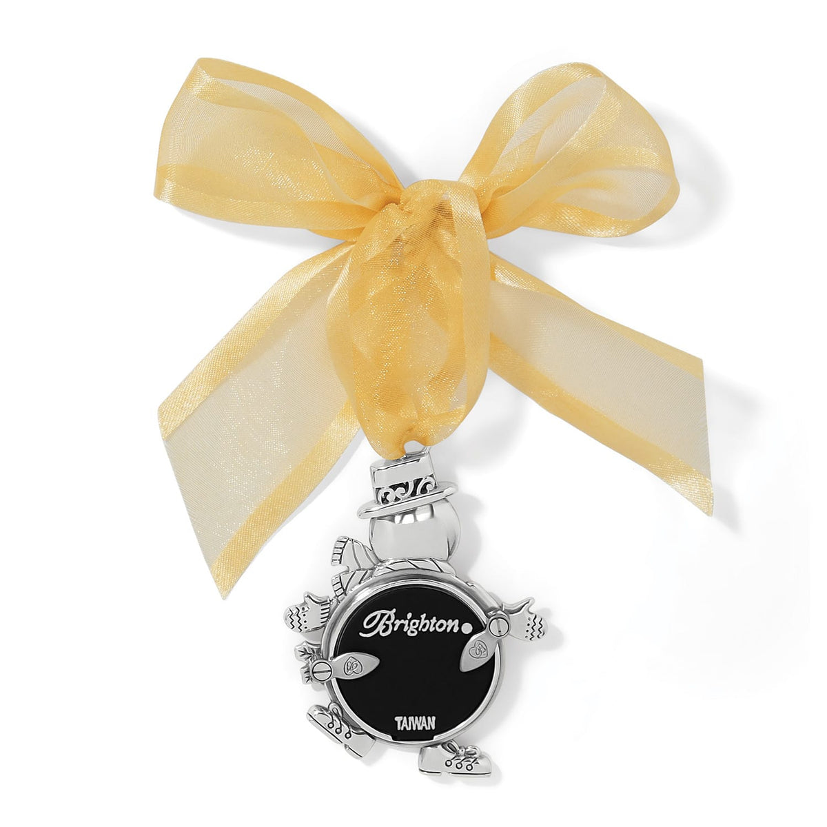 Brighton silver-plated snowman ornament shown from the back with yellow organza ribbon bow on a white background