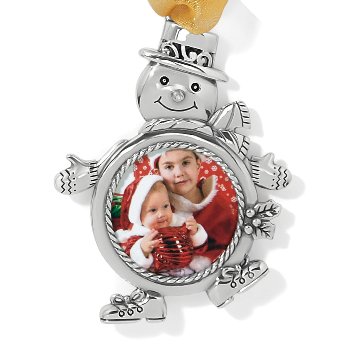 Brighton silver-plated snowman photo ornament with top hat, mittens, skates, and ribbon hanger on a white background