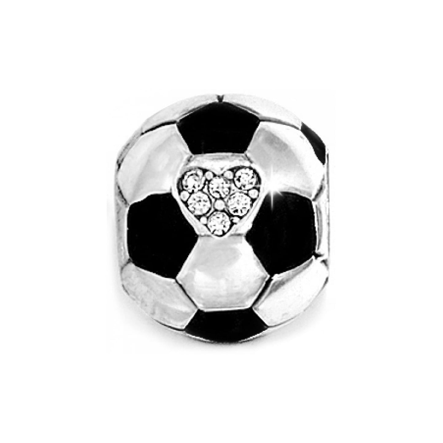 Brighton soccer ball charm with black and white enamel panels and crystal heart accent on a white background
