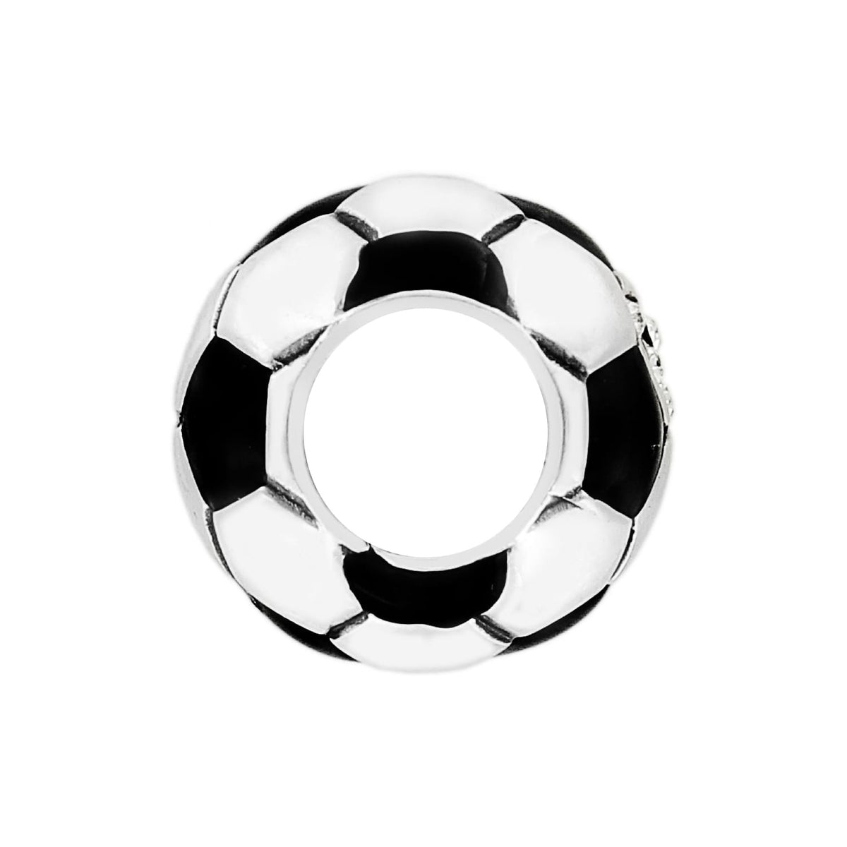 Brighton soccer ball charm with black and white enamel panels and silver-plated finish on a white background