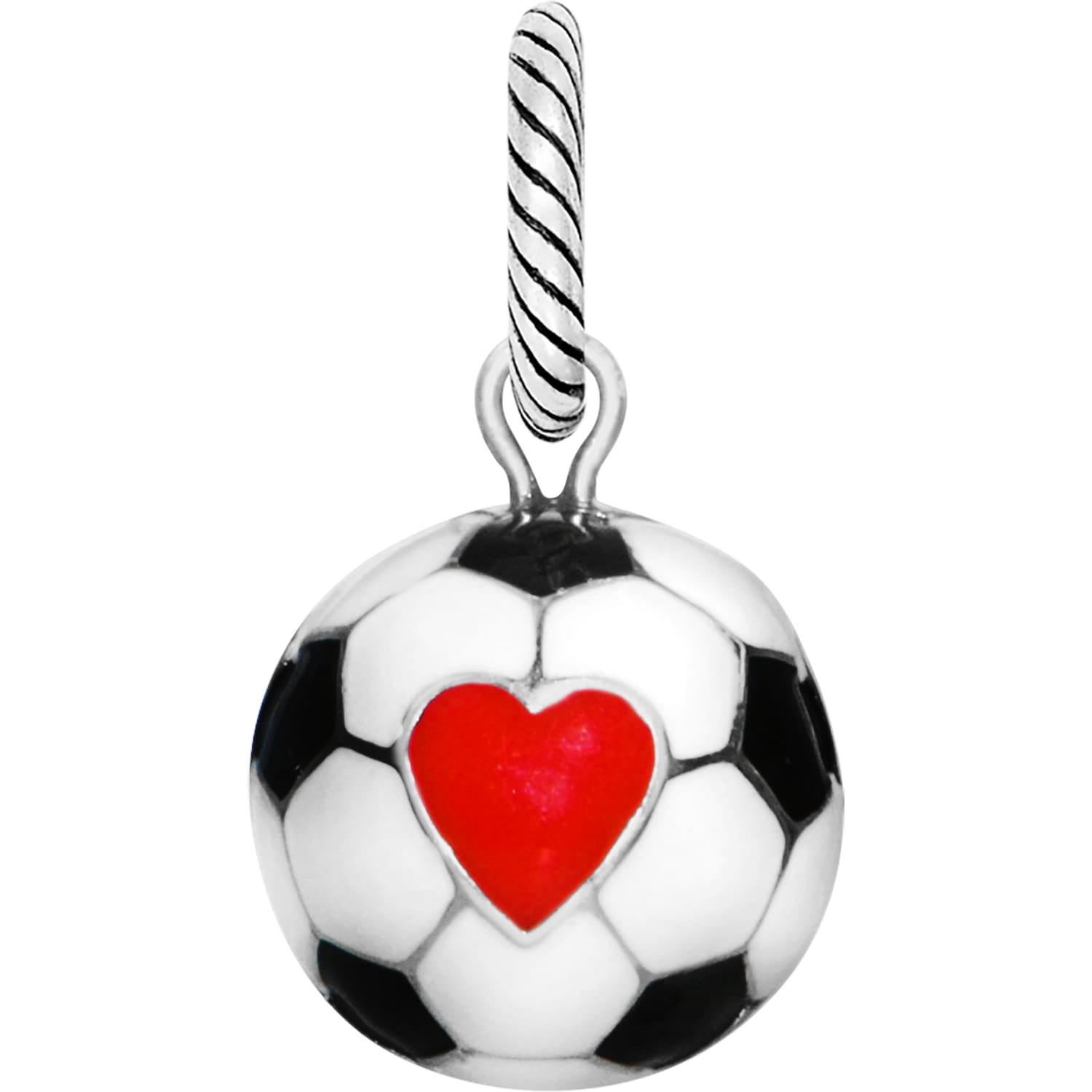 Brighton soccer ball charm with black and white enamel panels and red heart accent on a white background