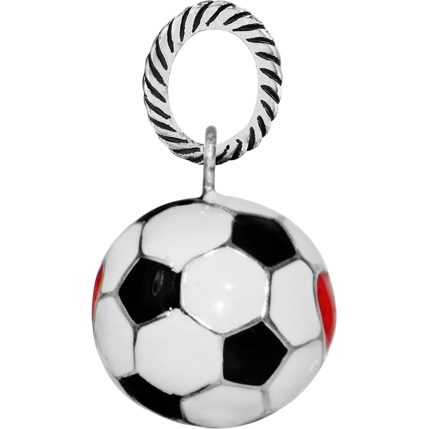 Brighton soccer ball charm with black and white enamel design and silver-tone rope-textured loop on a white background