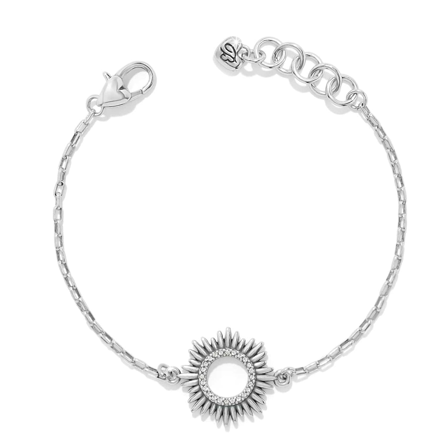 Brighton chain bracelet with silver-plated sunburst medallion and crystal accents with lobster clasp on a white background