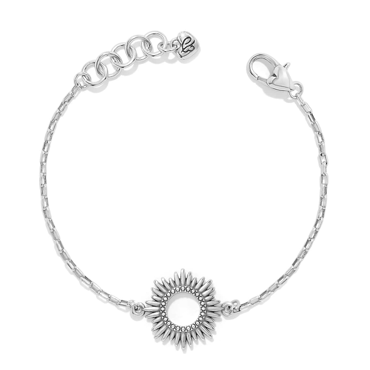 Brighton bracelet with silver-plated sunburst medallion, crystal accents, chain band, and lobster clasp on a white background