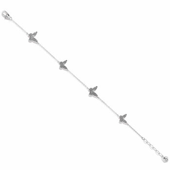 Brighton bracelet with four silver-plated butterfly stations, crystal accents, and lobster clasp on a white background