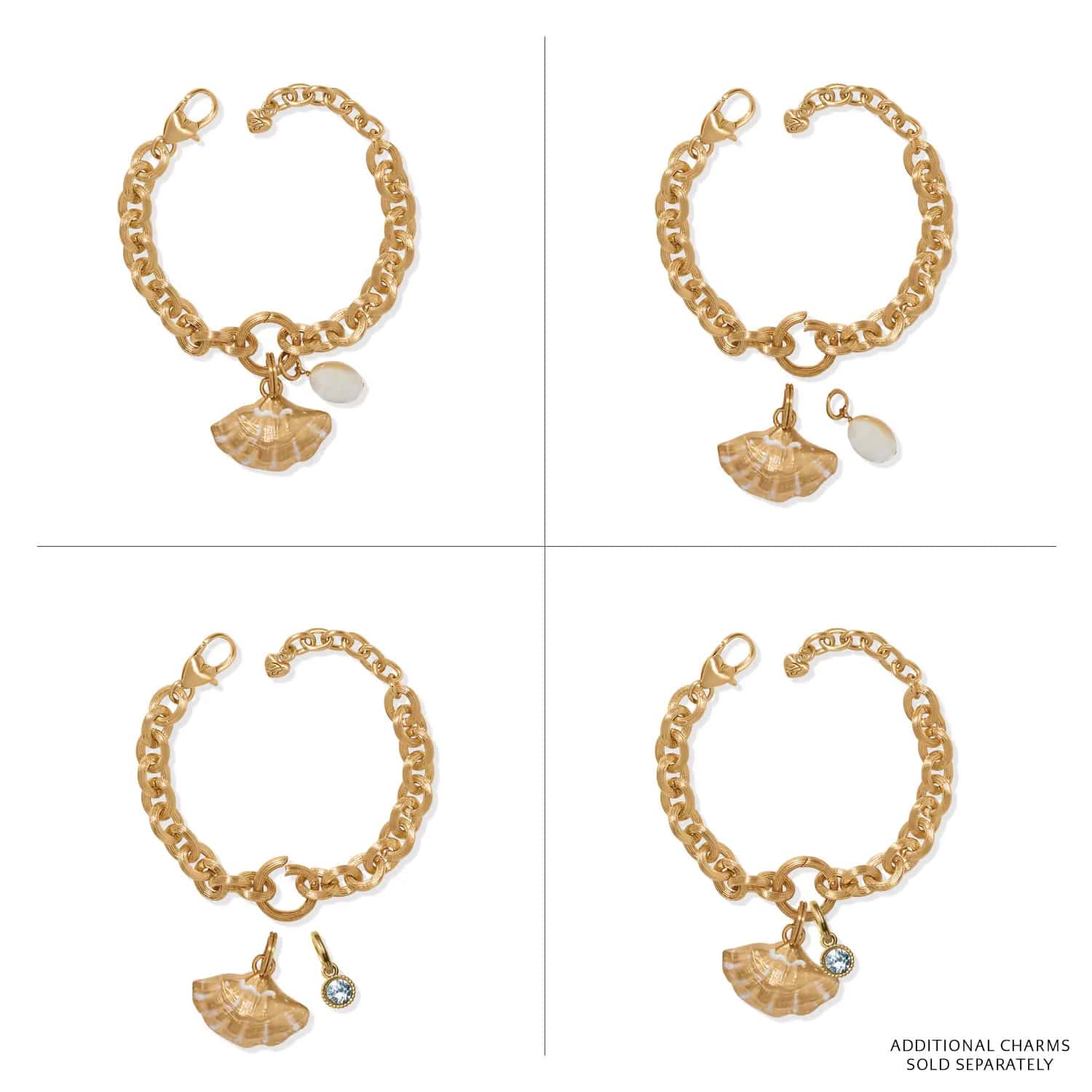 Brighton gold-plated charm bracelet shown with mother of pearl shell and shell-shaped charms on a white background