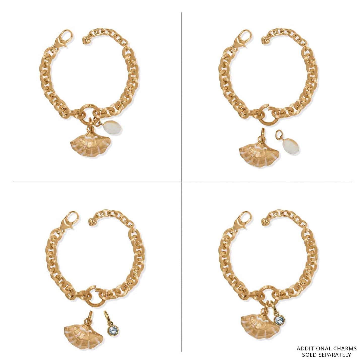 Brighton gold-plated charm bracelet shown with mother of pearl shell and shell-shaped charms on a white background