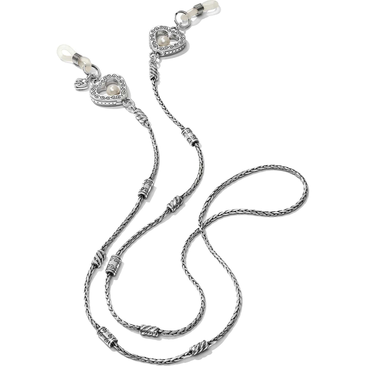 Brighton silver-plated eyeglass chain with heart charms, pearl accents, and decorative barrel stations on a white background