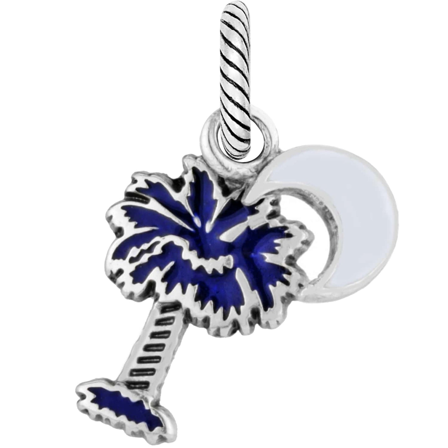 Brighton charm with blue enamel palmetto tree and white enamel crescent moon on a white background