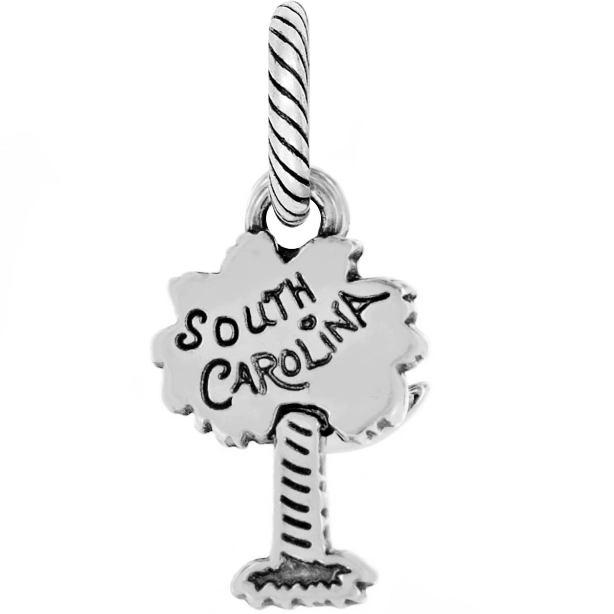 Brighton palm tree charm engraved with South Carolina, featuring silver-tone finish and rope-textured bail on a white background