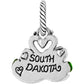 Brighton South Dakota charm with silver-tone hearts, engraved state name, and green enamel accents on a white background