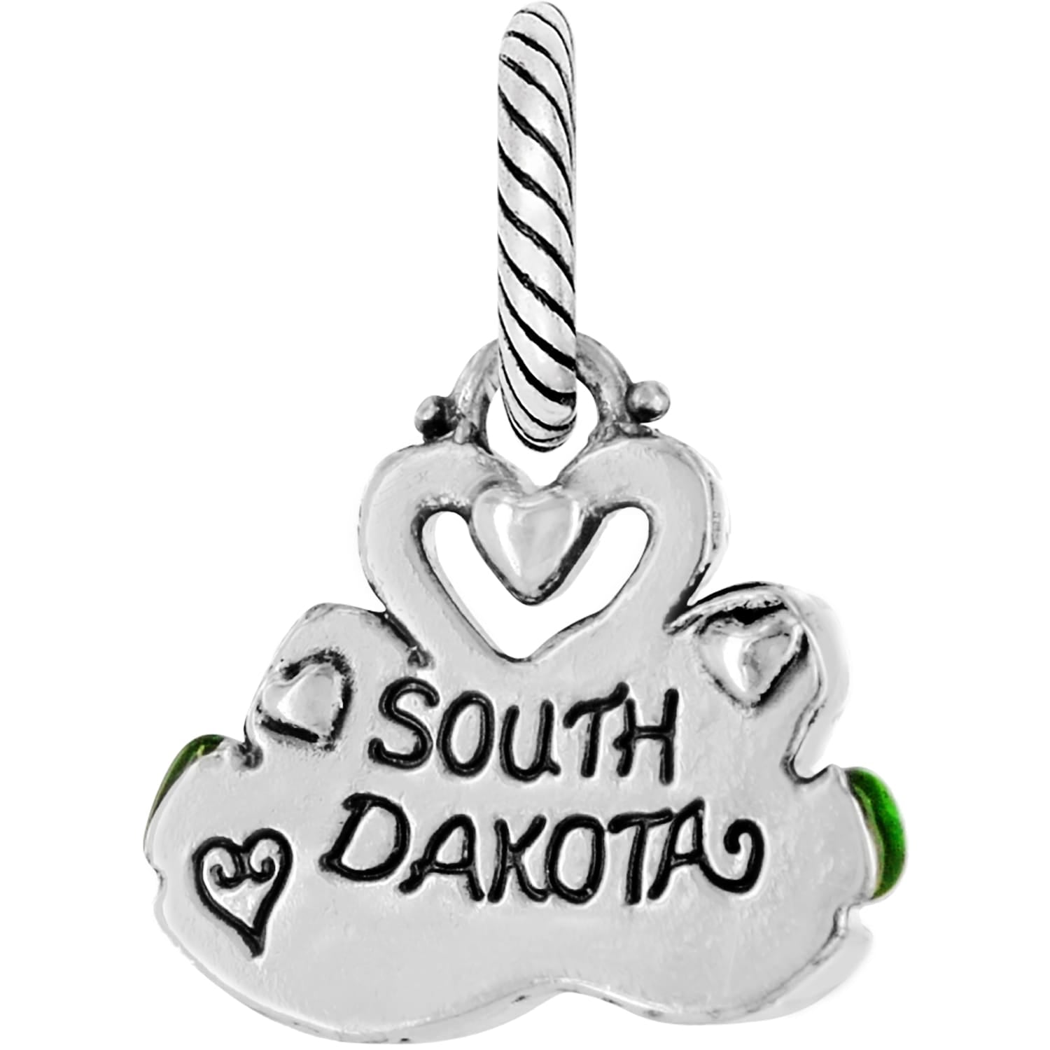 Brighton South Dakota charm with silver-tone hearts, engraved state name, and green enamel accents on a white background