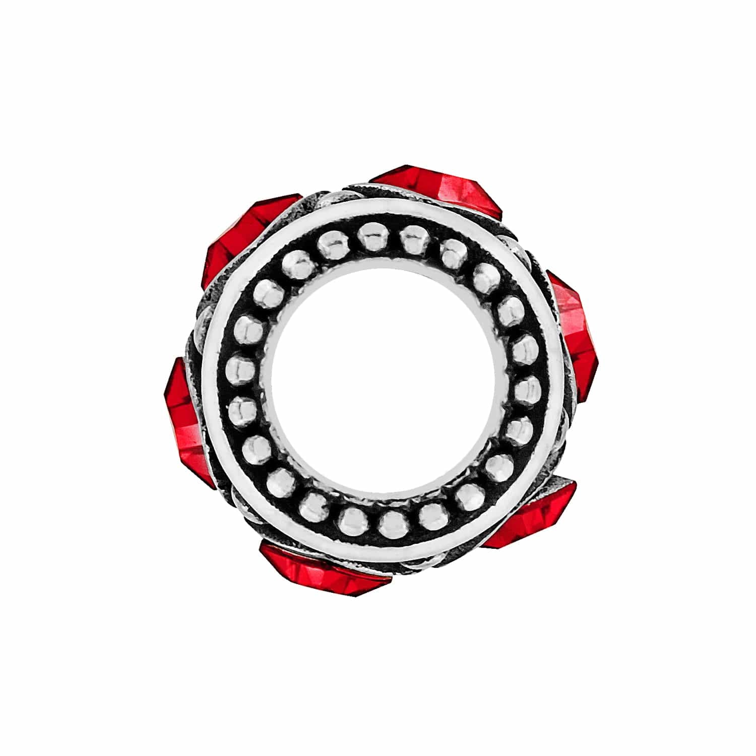 Brighton spacer charm with silver-plated beaded ring and red crystal accents around the edge on a white background