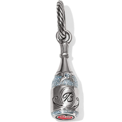 Brighton champagne bottle charm with silver-plated finish, blue glitter accents, and scripted B label on a white background