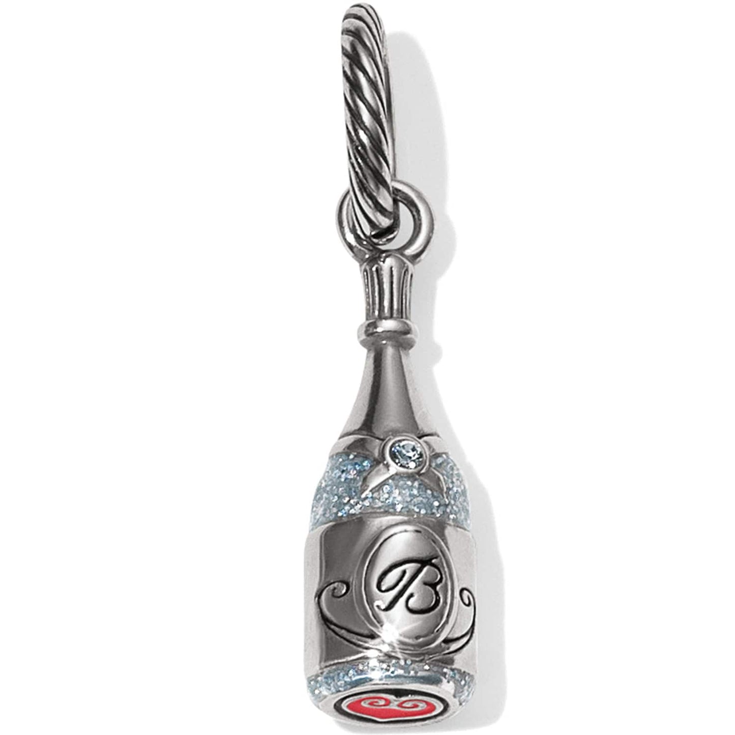 Brighton champagne bottle charm with silver-plated finish, blue glitter accents, and scripted B label on a white background