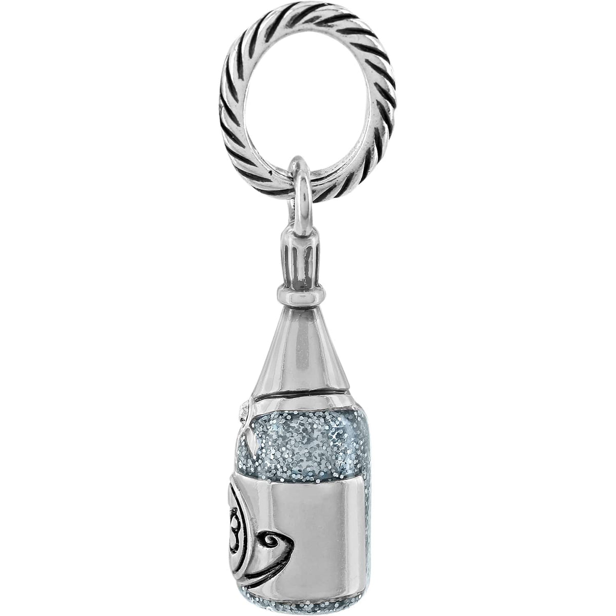 Brighton champagne bottle charm with silver-plated finish and blue glitter accent on a white background